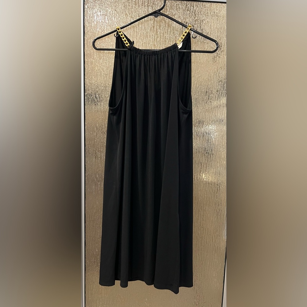 Michael Kors, black halter dress with chain straps.